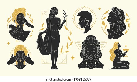 Magic woman vector illustrations of graceful feminine women and esoteric symbols set. Mysterious and witchcraft silhouette design elements for fashion print template or wall art poster decoration.