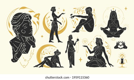 Magic woman vector illustrations of graceful feminine women and esoteric symbols set. Mysterious and witchcraft silhouette design elements for fashion print template or wall art poster decoration.