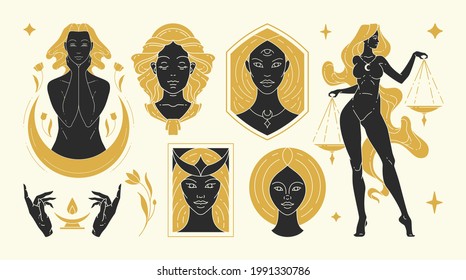 Magic woman vector illustrations of graceful feminine women and esoteric symbols set. Mysterious and witchcraft silhouette design elements for fashion print template or wall art poster decoration.