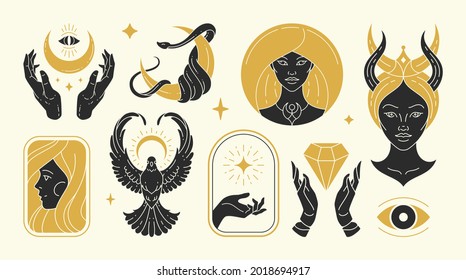 Magic woman vector illustrations of graceful feminine women and esoteric symbols set. Mysterious and witchcraft silhouette design elements for fashion print template or wall art poster decoration.