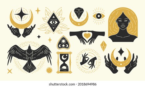 Magic woman vector illustrations of graceful feminine women and esoteric symbols set. Mysterious and witchcraft silhouette design elements for fashion print template or wall art poster decoration.