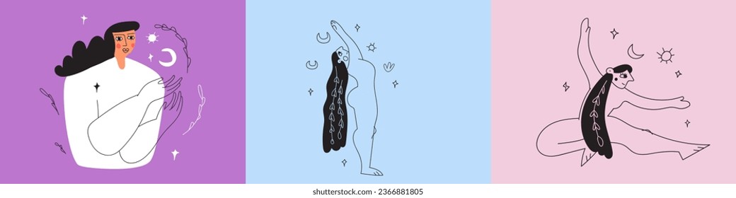 Mujeres mágicas. Diseño de Boho. Diseño plano y de contorno. Ilustraciones dibujadas a mano por vectores de diferentes orígenes. Lo mejor para los medios sociales.