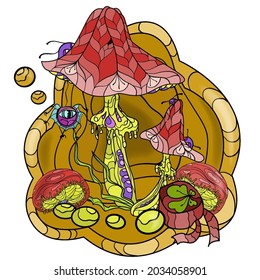 Magic wonderful mushroom square composition. Fairy fly agaric with magic clover hand-drawn in cartoon and doodle style