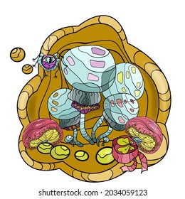 Magic wonderful mushroom square composition. Fairy fly agaric with magic clover hand-drawn in cartoon and doodle style