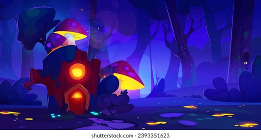 Magic wonderland with fairy wooden house with mushrooms at night. Cute tiny fantasy home made of tree stump with light in windows and door in dark forest. Cartoon landscape with gnome or elf wood hut.