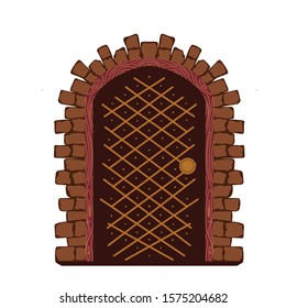 Magic wooden door with brick edging on white background. Vector illustration