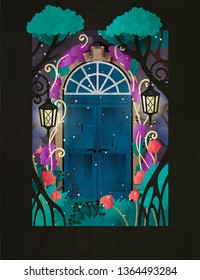 Magic wooden door in fairy forest. Two retro styled doors surrounded by trees, lamps and flowers. Book cover, motivation poster  or greeting card template