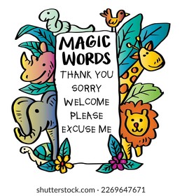 Magic words poster with cute cartoon animals. Educational Posters for Classroom.