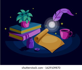 Magic workspace with a scroll, shining plume, cup, books and a little plant in pot. A magic quill pen write some spell in the scroll.