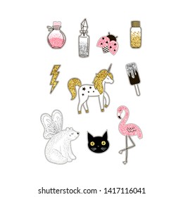 Magic world animals glittering stickers set. Cute unicorn with golden glitters. Polar bear with wings, stylized ladybug, flamingo. Bottles with magical dust. Postcard, t-shirt print