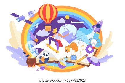 Magic world of book, fantasy and inspiration from reading vector illustration. Cartoon open storybook with fairytale characters, rockets and balloon on paper pages, fairy adventure in imagination