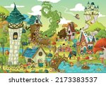 Magic world with fairy tale characters. Cartoon fantasy background village.