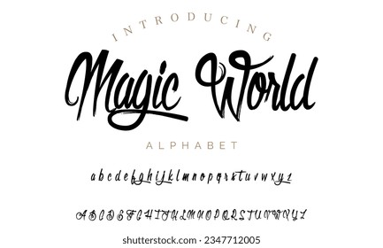 Magic World hand lettered font Smooth beautiful brush script  design Handwritten lettering typeface Cursive alphabet Quality typography for quotes titles logos posters apparel packaging social .