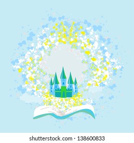  Magic world of tales, fairy castle appearing from the book