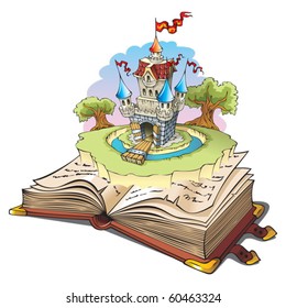 Magic world of tales, fairy castle appearing from the old book, cartoon vector illustration