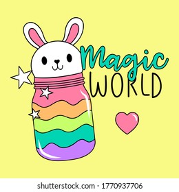 MAGIC WORLD TEXT, VECTOR ILLUSTRATION OF A BUNNY INSIDE OF A COLORFUL JAR WITH STARS, SLOGAN PRINT