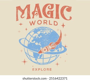 Visita mundial mágica à camisa. Viaje através do universo. Astronauta no espaço exterior. Espaço aventura gráfico design de impressão para vestuário, adesivo, fundo, cartaz e outros.