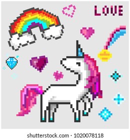 The magic world of the unicorn. Card in pixel art style