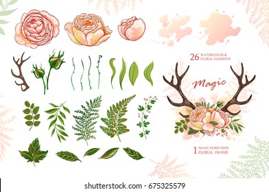 Magic wreath with deer horns and roses, green elements for design