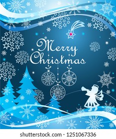 Magic Xmas greeting blue banner with paper cutting little angel, snowflakes, firs and Christmas star