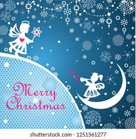 Magic Xmas greeting blue card with paper cutting little angels, snowflakes, lacy decoration and Christmas star