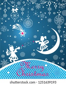 Magic Xmas greeting blue card with paper cutting little angels, snowflakes, hanging baubles, lacy decoration and Christmas star