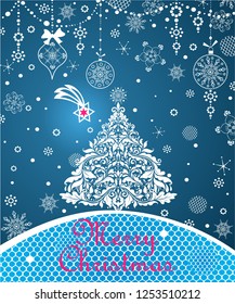 Magic Xmas greeting blue card with paper cutting floral Christmas tree, snowflakes, hanging baubles, lacy decoration and Christmas star