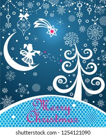 Magic Xmas greeting blue card with funny Christmas tree, paper cutting angel, crescent and Christmas star, snowflakes, hanging baubles with lacy decoration