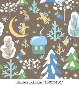 Magic Xmas seamless pattern with winter landscape, snowy firs and trees, little angels, house, crescent and Christmas star. Winter kids background for fabric, wrapping, textile, wallpaper, apparel