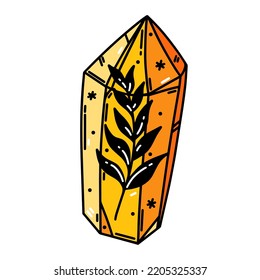 Magic yellow crystal vector icon. Plant with leaves inside glass quartz. Branch inside a celestial prism. Flat cartoon clipart isolated on white. Illustration for cards, posters, prints, games