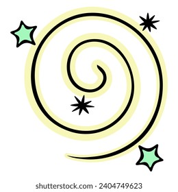 Magic yellow dust. The circle is twisted into a spiral. Ornament of green stars and snowflakes. Color vector illustration. Cartoon style. Creating a festive atmosphere. Isolated background. 