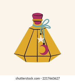 Magic yellow potion bottle. Vector witch flat illustration on white background. Halloween item