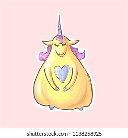 The magic yellow shy cute funny fat unicorn with heart . Alikorn. Pegasus. Children s character. Sticker fashion patch badge