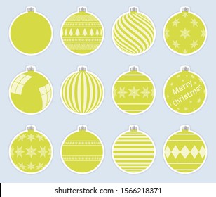 Magic, yellow-green christmas balls stickers isolated on gray background. High quality vector set of christmas baubles.