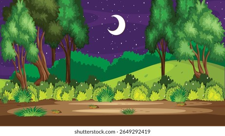 A magical 2D forest glowing under soft moonlight, with misty trees, starry skies, and a dreamy, fantasy atmosphere. Perfect for animation backgrounds, fairytales, bedtime scenes, fantasy game visuals