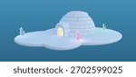 Magical 3D vector illustration of an igloo surrounded by glowing blue, pink and green ice crystals on a smooth snow island. Warm, bright light shines from within. Arctic atmosphere with subtle light.