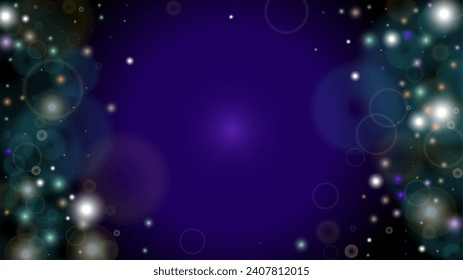 Magical Abstract Defocused Bokeh Circles Background Design.  Christmas snowfall Vector Horizontal Illustration. Cosmic Print. Glitter confetti. Good for Banners, Posters, Covers, Flyers, Cards.