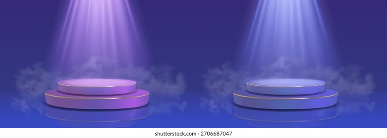 Pódio brilhante abstrato mágico com luz de fundo e fumaça.