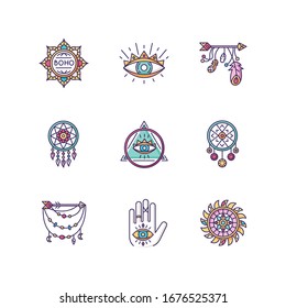 Magical accessories in boho style RGB color icons set. Prophecy and occultism amulets. Dreamcather, all seeing eye talismans. Lotus flower esoteric symbol. Isolated vector illustrations