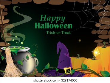 Magical accessories in a dark basement with cobweb. Abstract Halloween background