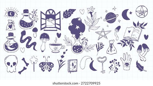 Accesorios mágicos Doodle Set. Magia aislada brujería, fantasía, ocultismo, caprichoso Dibujo a mano para Halloween, esotérico y aterrador Diseño místico sobre fondo a cuadros. Ilustración vectorial