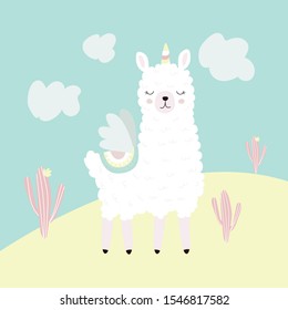 Magical Alpaca unicorn with blooming cacti on rainbow. Vector illustration for printing on fabric, postcard, wrapping paper, book, picture, Wallpaper. Cute baby background.