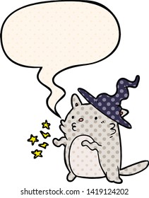 magical amazing cartoon cat wizard with speech bubble in comic book style