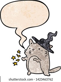 magical amazing cartoon cat wizard with speech bubble in retro texture style