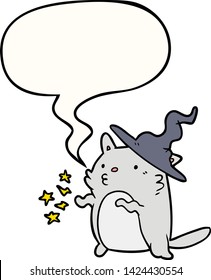 magical amazing cartoon cat wizard with speech bubble
