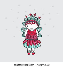 Magical angel fairy red, green and pink vector illustration on a pale grey background with stars.