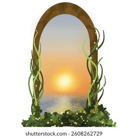 Magical arched window frame with vines and flowers, overlooking a peaceful ocean sunset. Ideal for fantasy, fairytale, or dreamy nature-themed artwork.
