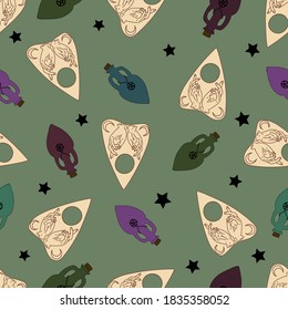 Magical art Ouija board object and bottle for potion and stars. Seamless pattern with witch object Mystical illustration .Vector card on color green background. Perfect for background,  wrapping paper