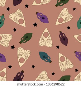 Magical art Ouija board object and bottle for potion and stars. Seamless pattern with witch object Mystical illustration .Vector card on color warm background. Perfect for background, e wrapping paper