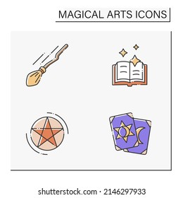 Magical arts color icons set. Witch broom, spells book, pentagram, tarot cards. Rituals concept. Isolated vector illustrations